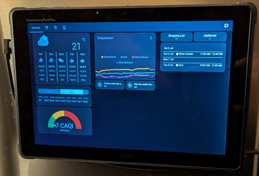 A picture of a tablet mounted on a refrigerator showing the weather, a calendar, and some other information.